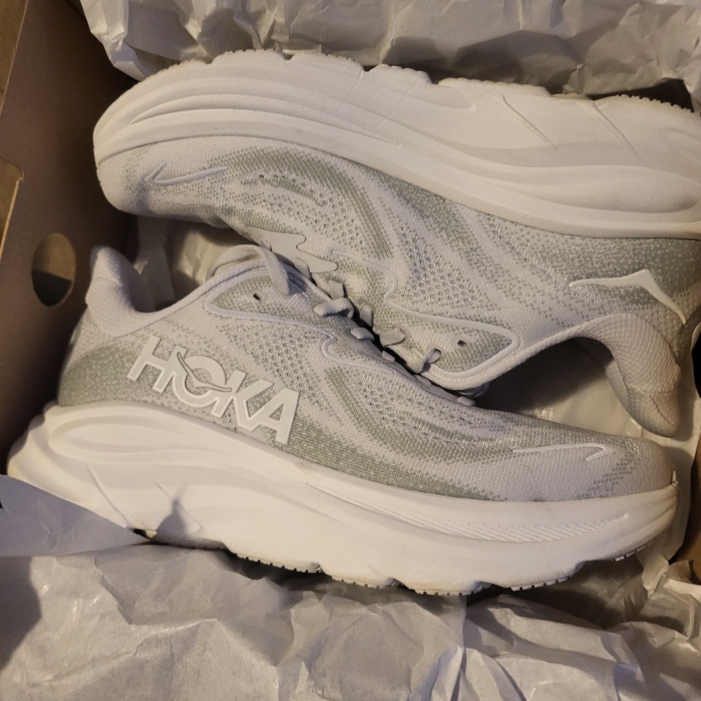 Hoka Light Gray and White Athletic Shoes